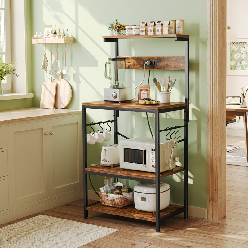 Kickemuit 23.5" Kitchen Bakers Rack, Baker Rack with Power Outlet, Bakery Rack with Microwave Stand Storage Shelf, Coffee Bar Table with 6 S-shaped Hooks
