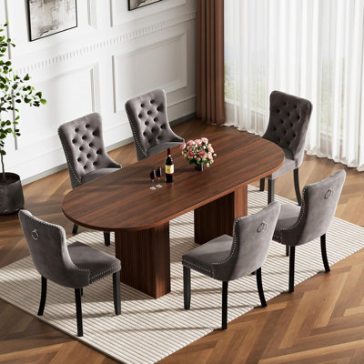 Oval 62.99" Dining Table Set for 6, Farmhouse Kitchen Table Set for 6, Modern Oval Dining Table with 6 Velvet Chairs, 7 Piece Dining Table Set for Kitchen Living Room
