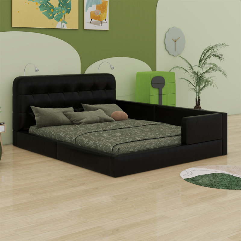 Lit plateforme tapissier avec 2 lampes de lecture, Noir