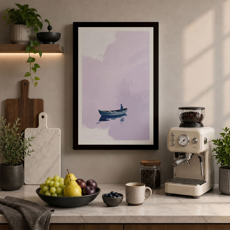 Solitary Boat Minimalist 1 Piece Wrapped Canvas Wall Art, 30x20 - 76.2 x 50.8 cm, Teal Border