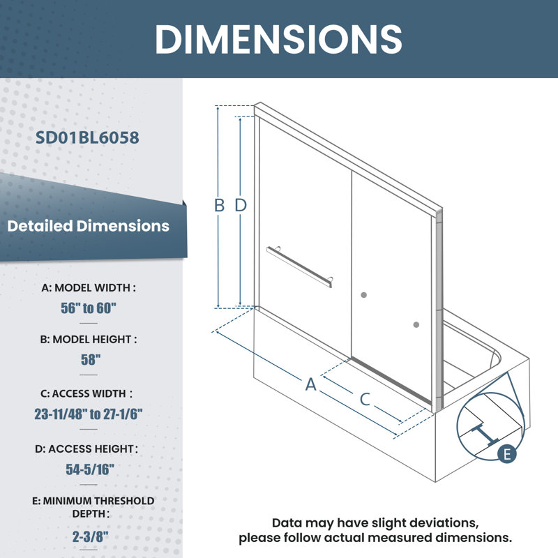 56-60 In. W X 58 In. H Sliding Framed Tub Door In Matte Black With Tempered Clear Glass, Matte Black