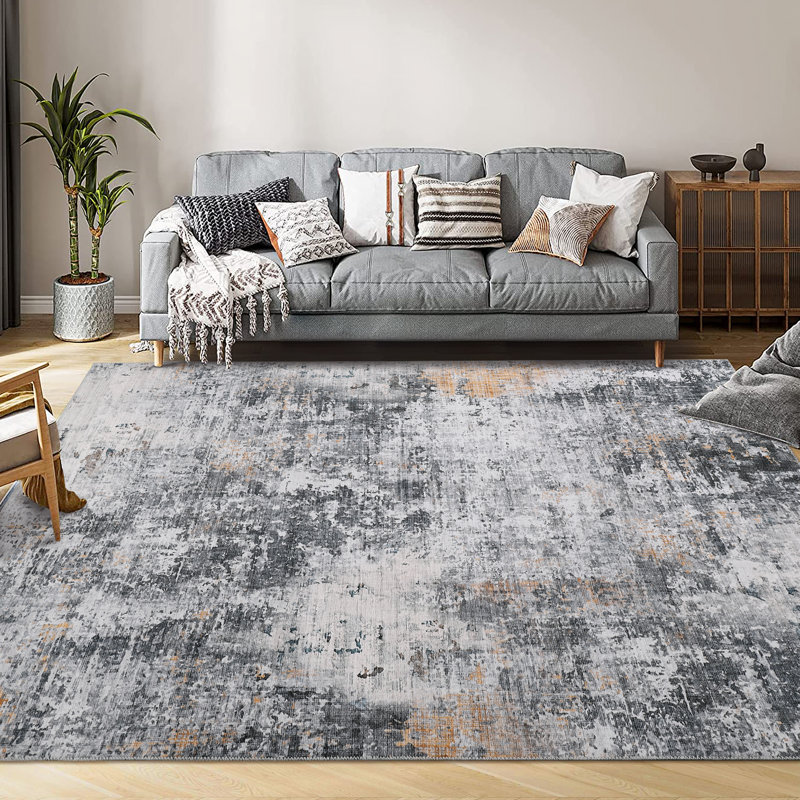 8'x10' Modern Abstract Washable Rug, Soft Non-Slip Low-Pile Non-Shedding Mat for Living Room, Gray-Yellow, Rectangle 8' x 10'