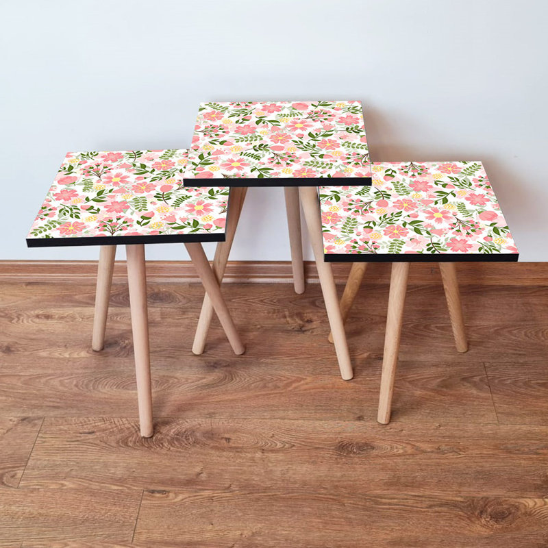 Modern Nesting Table Set (3 Pieces), Beech Wood Legs, 13.8 x 20.5 x 13.8 in, 13.8 x 18.5 x 13.8 in, 13.8 x 16.5 x 13.8 in | 100% MDF, Elegant Flower Design | Versatile for Living Room, Office & Study Spaces