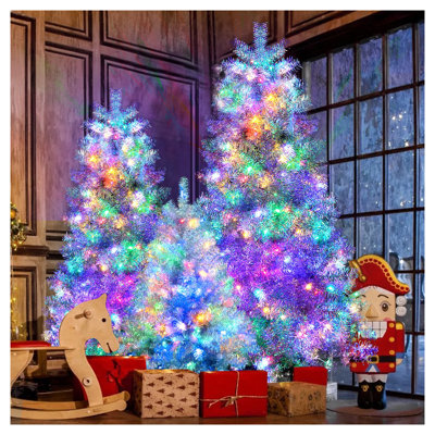 7.4FT, 6FT, 4FT Silver Pre-lit Artificial Hinged Christmas Tree Set, Holiday Spruce Xmas Tree with 2400 Branch Tips, 850 LED Lights, 11 Lighting Modes, Holiday Decoration for Home, Office,School