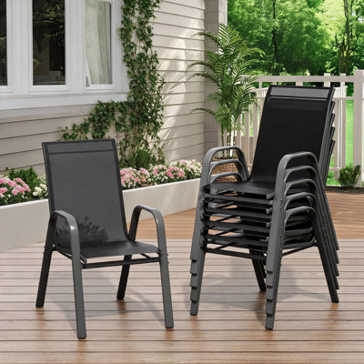 Ensemble de 4 chaises de jardin empilables à dossier haut - Revêtement en textilène respirant avec accoudoirs, structure métallique légère et résistante à la rouille, idéales pour l'extérieur par tous les temps, pour le jardin, la véranda, le balcon et le bord de la piscine.