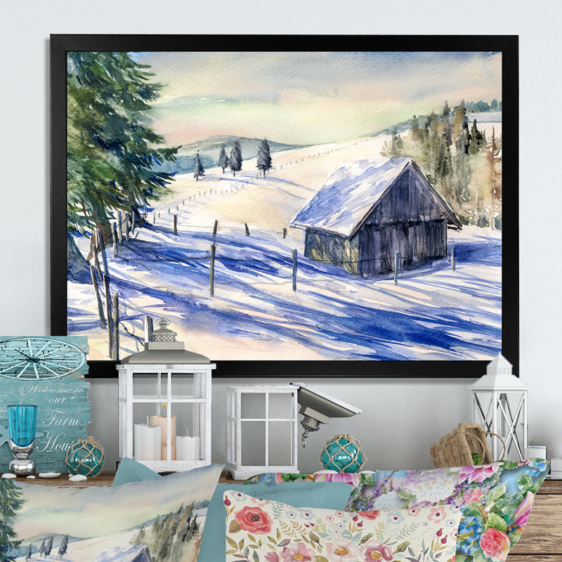 «Cottage In Winter Mountains III», reproduction sur toile encadrée, Cadre noir, H 8 po x l 12 po x P 1 po