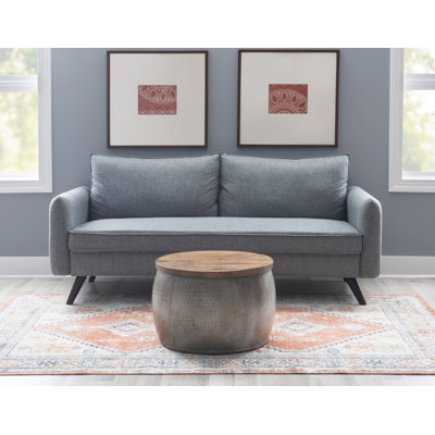 Synthia Hammered Metal Drum Coffee Table with Storage and Wooden Top