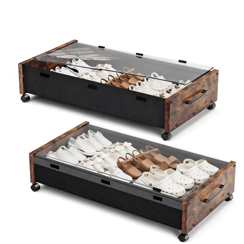 Wooden Under Bed Storage with Wheels, Metal Rolling Drawers with Removable Lid for Clothes and Shoes, 2 Pack (Vintage Brown)