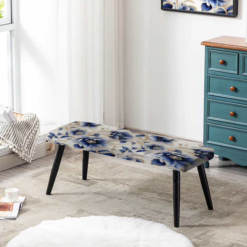 Botanical Upholstered Black Bench,  Cobalt Blue Filigree Victorian  I