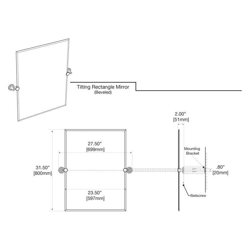 Rectangle biseauté sans cadre Latitude II | Miroir mural de meuble-lavabo pivotant, H 31,5 po x l 27,5 po, Laiton brossé