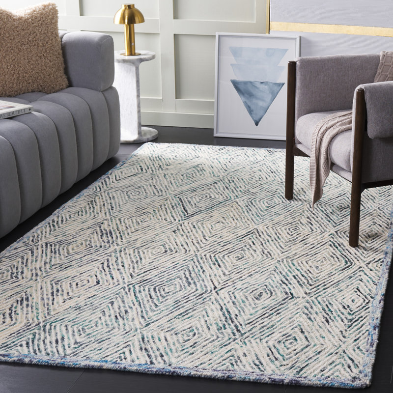Tapis géométrique bleu / ivoire en laine touffetée à la main de la personne, Rectangle de 5 pi x 8 pi