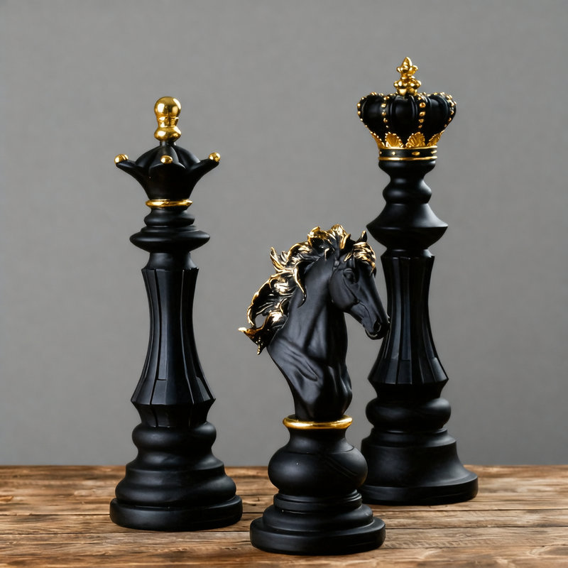 3 pièces d'échecs en résine noire et dorée Figurines décoratives sculptures d'échecs modernes pour bureau à domicile