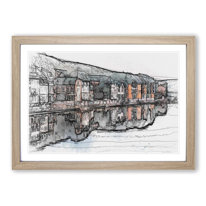 Row of Houses in Dinant Belgium in Abstract - Picture Frame Graphic Art Print, 60cm H x 91cm W x 2cm D, Oak