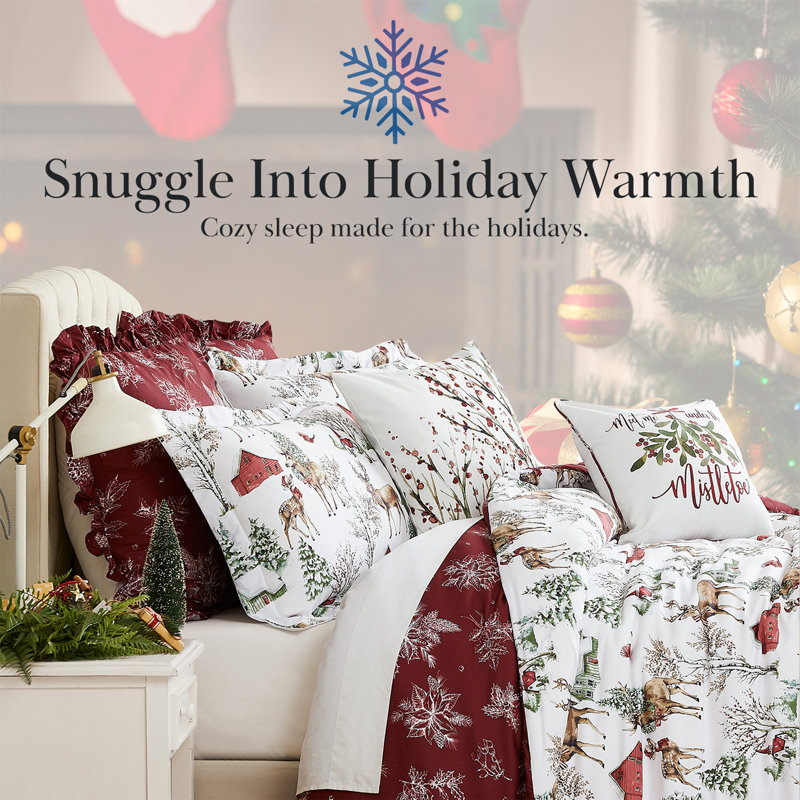 Southshore Fine Linens White Christmas Reversible Comforter Bedding Set, 5-Piece with 1 Comforter, 1 Standard Sham, 1 Euro Sham, 1 Throw Pillow and 1 Pillow Cover, Twin/Twin XL