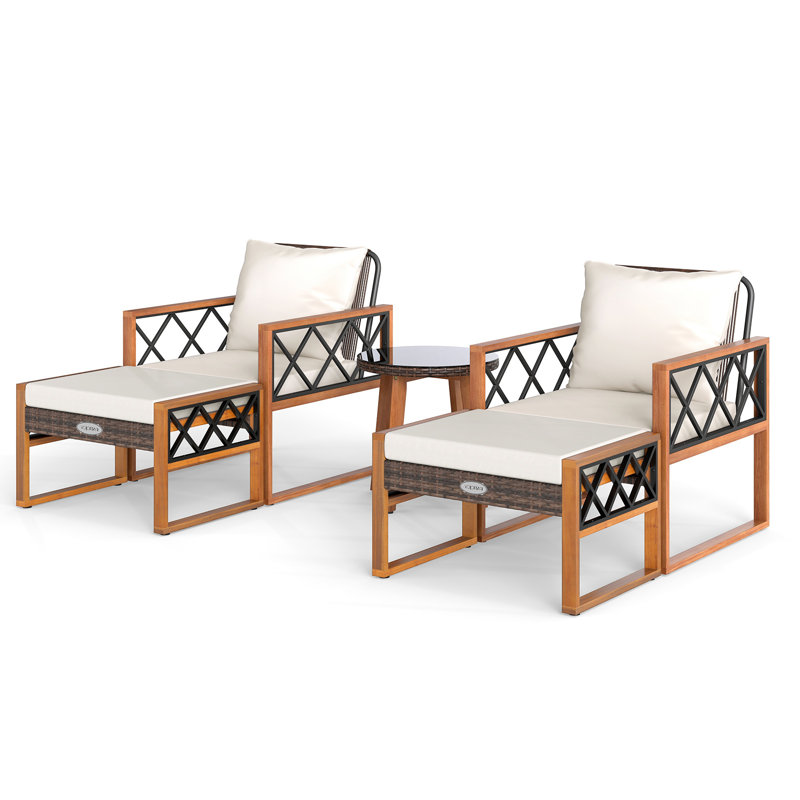 Ensemble de conversation en rotin 5 pièces avec chaises en bois d'acacia et repose-pieds d'extérieur brun