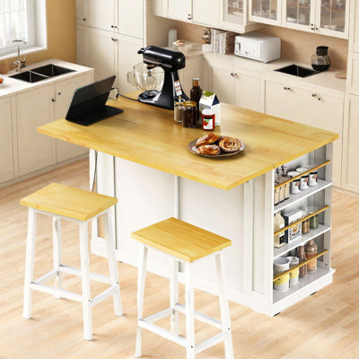 Large Rolling Kitchen Island With Drop Leaf, Power Outlet, Internal Storage Racks, 5 Open Side Racks, 2 Drawers, An Adjustable Shelf by Lark Manor