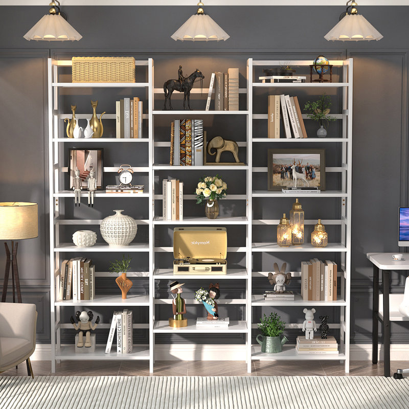 Bamboo Bookcase, 6-Tier Large Open Bookshelf  With Display Shelves, White, (17 Shelves) 71.38"H x 61.42"W x 9.84"D