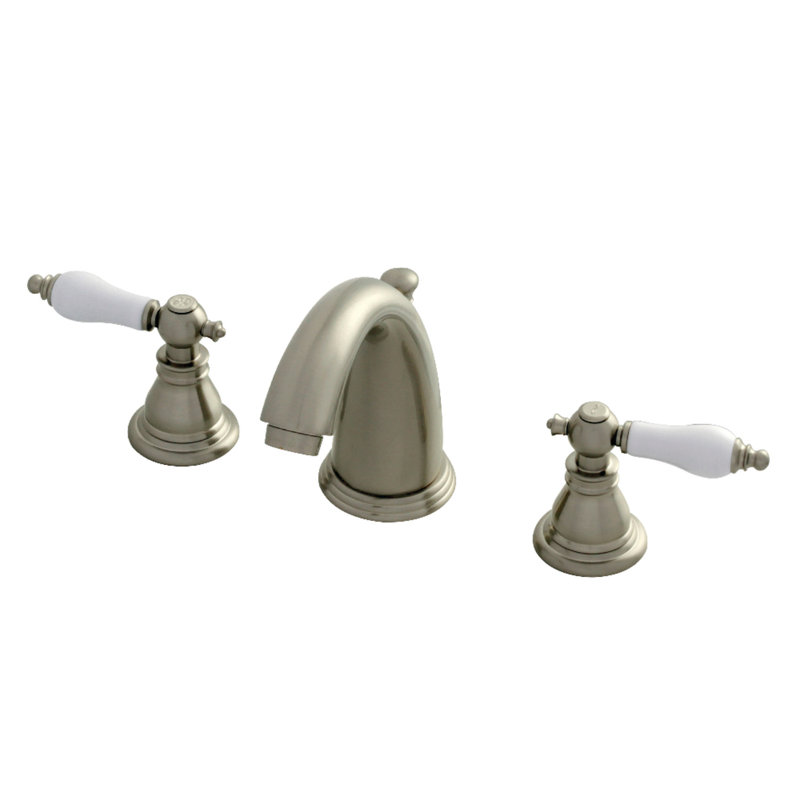 Kingston Brass American Patriot Two-Handle 3-Hole Deck Mount Widespread Bathroom Faucet with Retail Pop-Up Drain