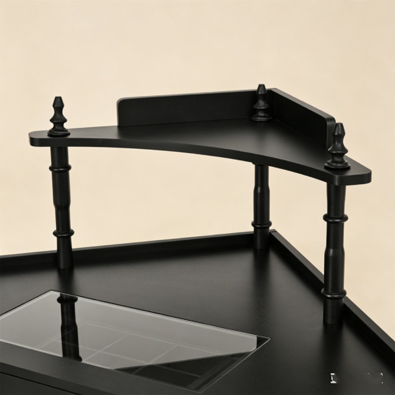 Ensemble de meuble-lavabo de coin avec station de rangement et de charge, coiffeuse de maquillage triangulaire avec armoire latérale coulissante amovible, bureau de maquillage à plateau en verre avec tiroir et tablette, ensemble de coiffeuse noir avec tabouret rembourré pour petits espaces