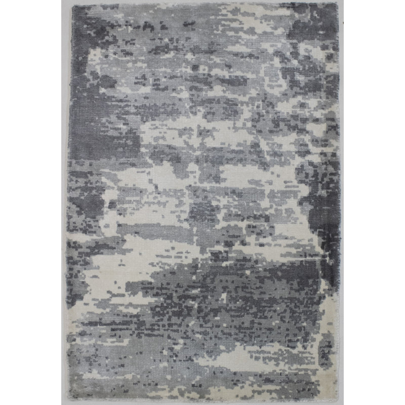 Tapis abstrait en viscose noué à la main noir / blanc
