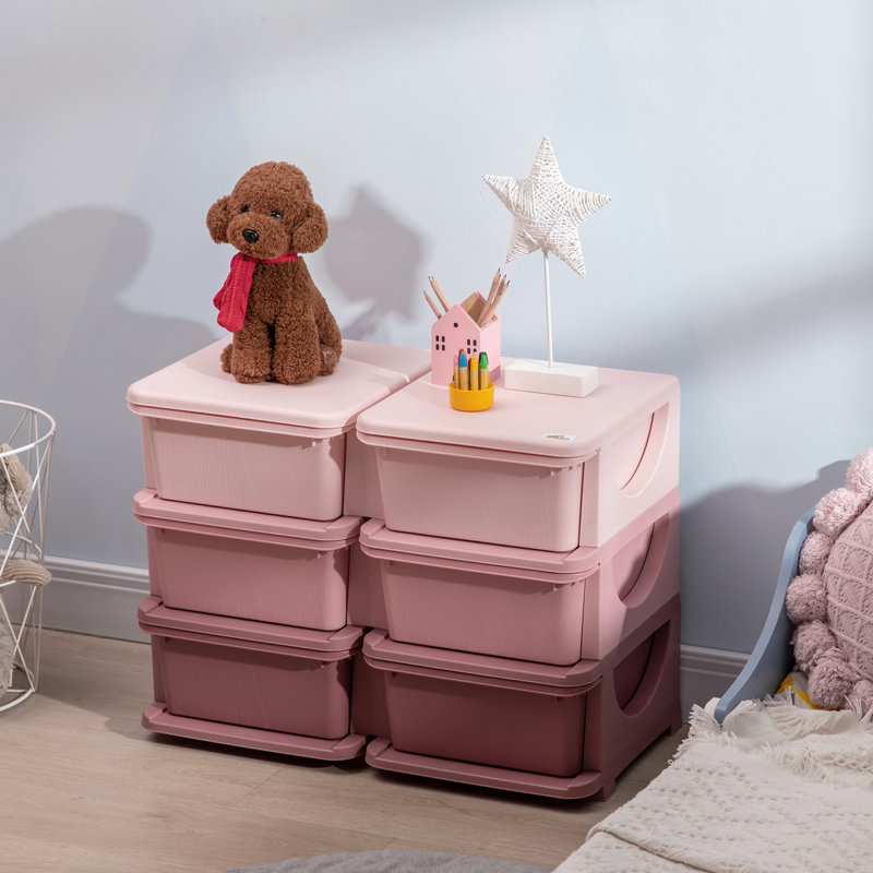 Unité de rangement pour enfants à 3 niveaux avec coffre à 6 tiroirs QABA, Rose