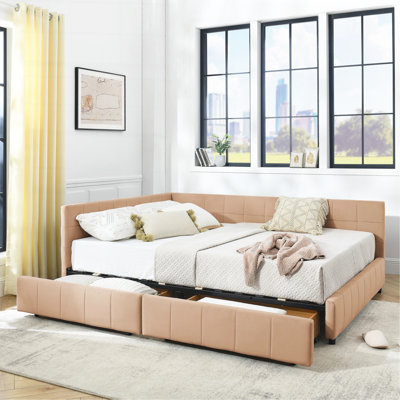 Grand lit capitonné avec rangement capitonné, cadre de canapé-lit avec dossier confortable et accoudoirs, grand lit pour chambre à coucher, salon, velours, rose (85,5 po x 64,5 po x 29,5 po)