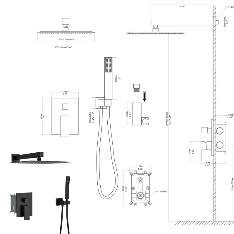 Douche murale avec deux têtes doubles de 12 pouces - Carrée, tête carrée, finition, Noir