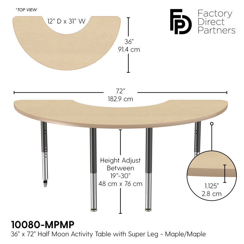 Table d'activité demi-lune 36 "x 72" avec pieds réglables, Érable / érable / noir, Super