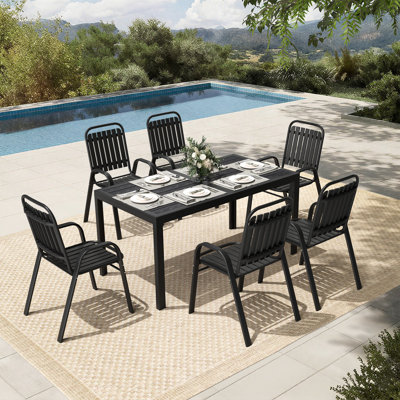 6-Person Patio Dining Set, Stackable Chairs And Rectangular Steel Table With Umbrella Hole by Latitude Run