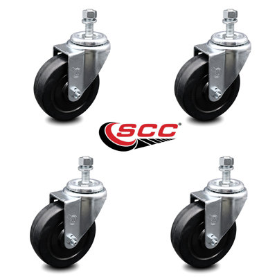 4 Inch_Soft Rubber Wheel Swivel 12mm Threaded Stem Caster Set Service Caster