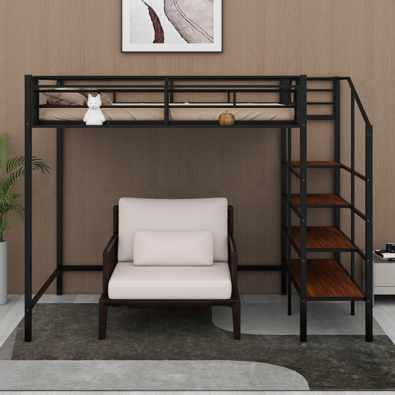 Lit mezzanine simple en métal avec échelle de rangement Designs, Noir