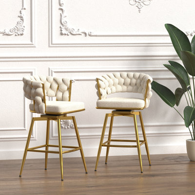 2 tabourets de bar en tissu blanc avec pieds dorés, tabouret de comptoir pivotant à 360 ° avec dossier et repose-pieds pour îlot de cuisine, tavernes, restaurants, tabourets de chaise de 26 po, barres, rembourrés