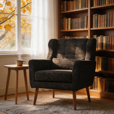 Fauteuil d'appoint moderne en chenille, chaise longue rembourrée en mousse haute densité avec coussin de taille, chaise ergonomique rembourrée en bois massif pour le bureau de la chambre à coucher du salon