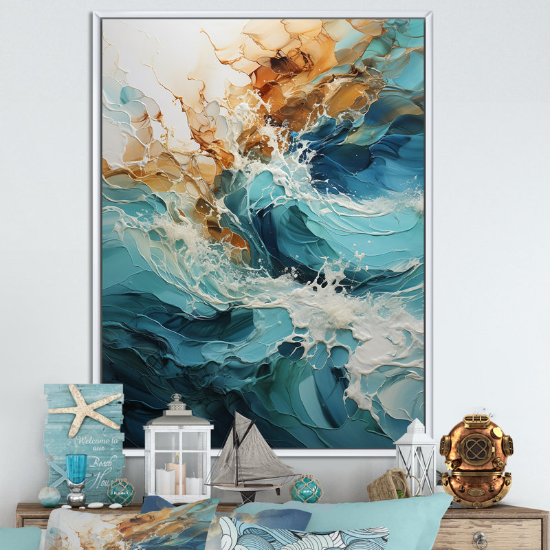 Océan blanc et courants bleus II sur toile, Cadre flottant blanc, H 44 po x l 34 po x P 1,5 po