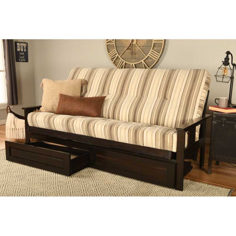 Stratford Full-Size Futon Frame Includes Storage Drawers and Mattress, Espresso, Parma Gray, Innerspring