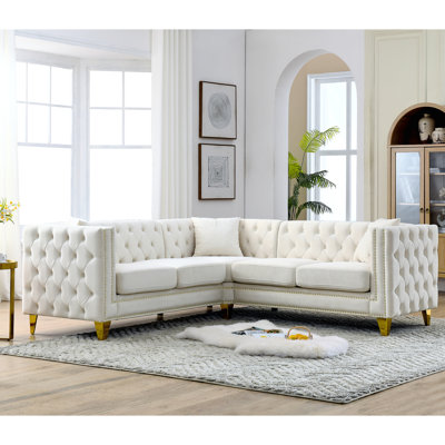 Canapé en L en forme de L pour espaces de vie, 5 avec 3 coussins, et canapé modulaire de style classique de 82,2 pouces. Structure en bois massif durable, coussins en mousse confortables. Garniture cloutée. Pour la chambre à coucher,