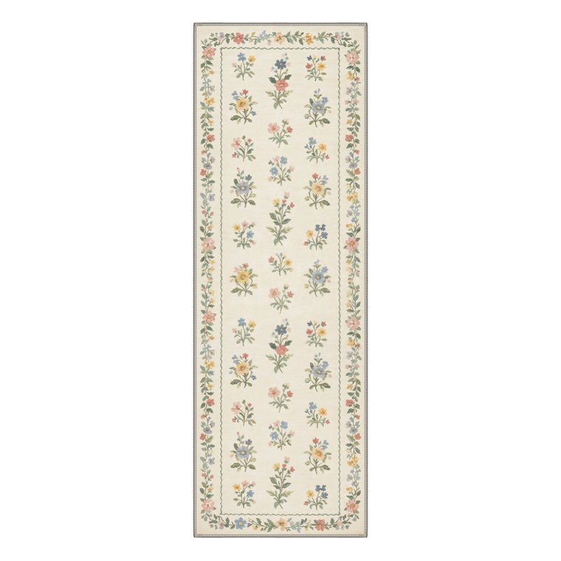 Aaron Vintage Cottagecore Wildflower Floral Area Rug, Machine Washable, Soft Faux Cashmere& Non-Slip Backing, Runner 2' x 7'