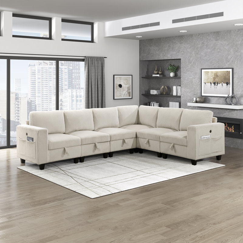 Canapé modulaire 7 pièces avec sièges de rangement, poches latérales, ports de charge Canapé modulaire en velours côtelé beige