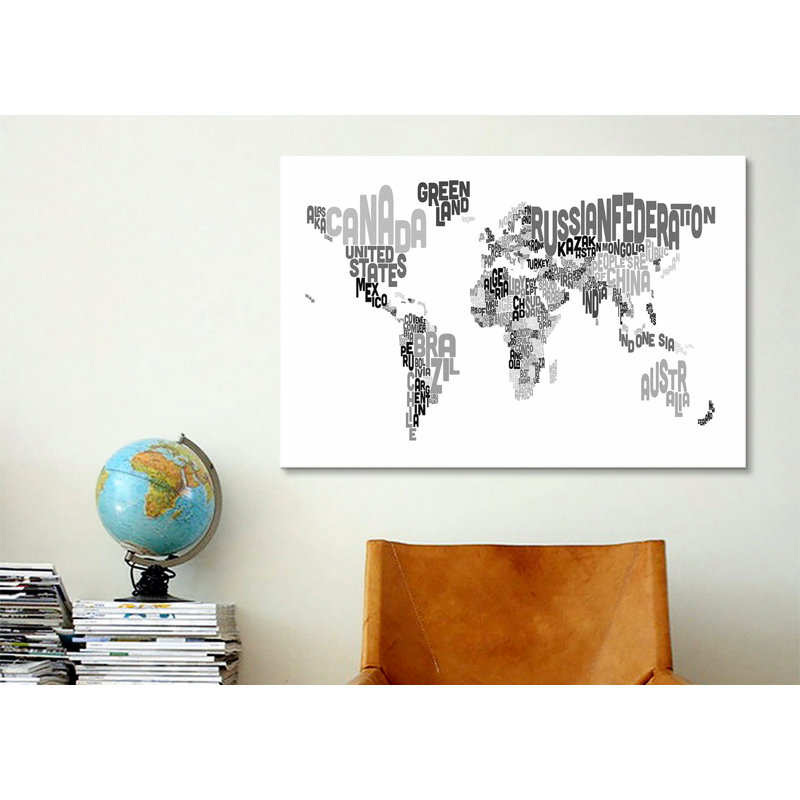 «Typographique Text World Map V» par Michael Tompsett, reproduction d'art sur toile, H 26 po x l 40 po x P 1,5 po