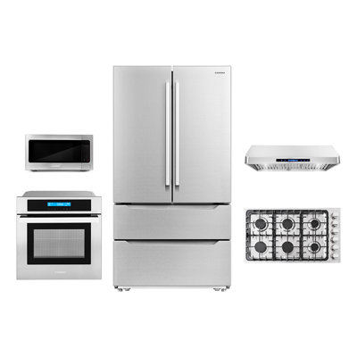 Cosmo 5 Piece Kitchen Appliance Package with French Door Refrigerator 36'' Gas Cooktop Built-In Under Cabinet Range Hood