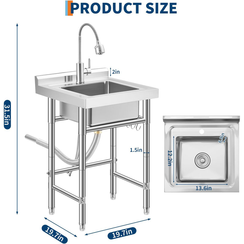 Small Stainless Steel Utility Sink, 20x20 in Freestanding Single Bowl Kitchen Sink with Hot & Cold Water Faucet, 5 Hooks, Suitable for Laundry Room/Compact Apartments/Basement/Garage