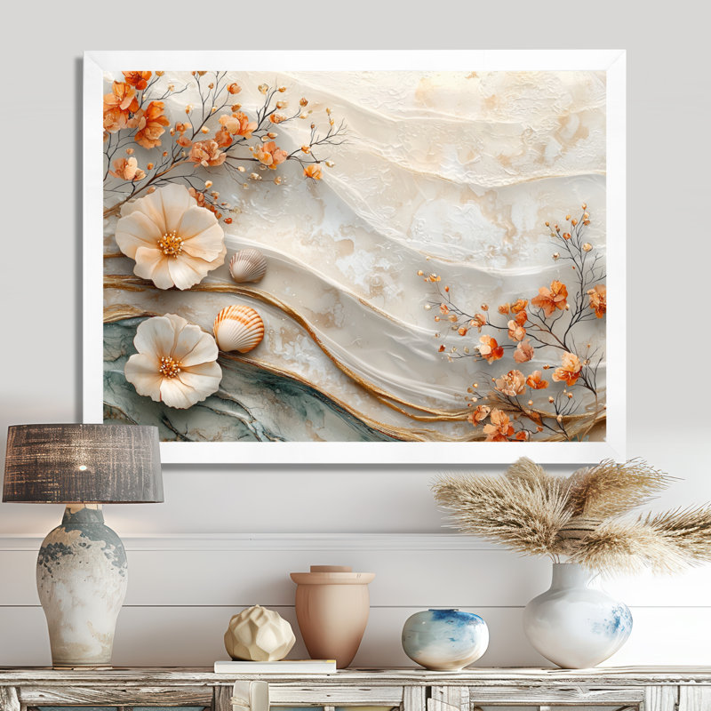 Coquillage blanc et paysage de plage marbrée I - art mural côtier pour le salon, H 16 po x l 32 po, Cadre flottant, Blanc