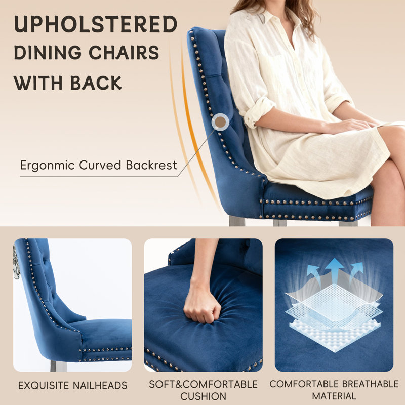 Modern Velvet  Wingback Tufted Solid Wood Upholstered Dining Chairs (Set of 2), Navy