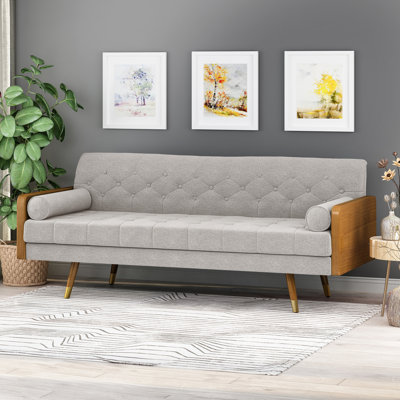 Beige Mid Century Modern - Fabric Upholstery With Diamond & Waffle Stitching, Splayed Legs, Bolster Pillows, 30.5"D X 71.44"W 31.95"H Flair Fabric, Se