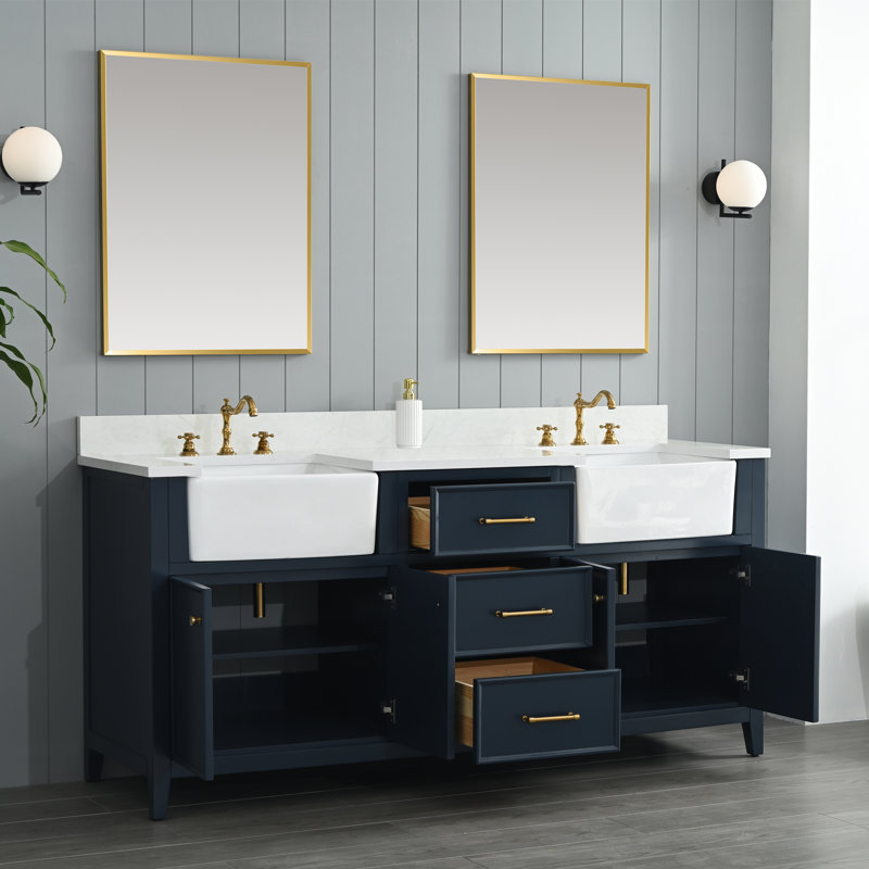 Meuble-lavabo double 72 po Aisa, Bleu indigo / or brossé