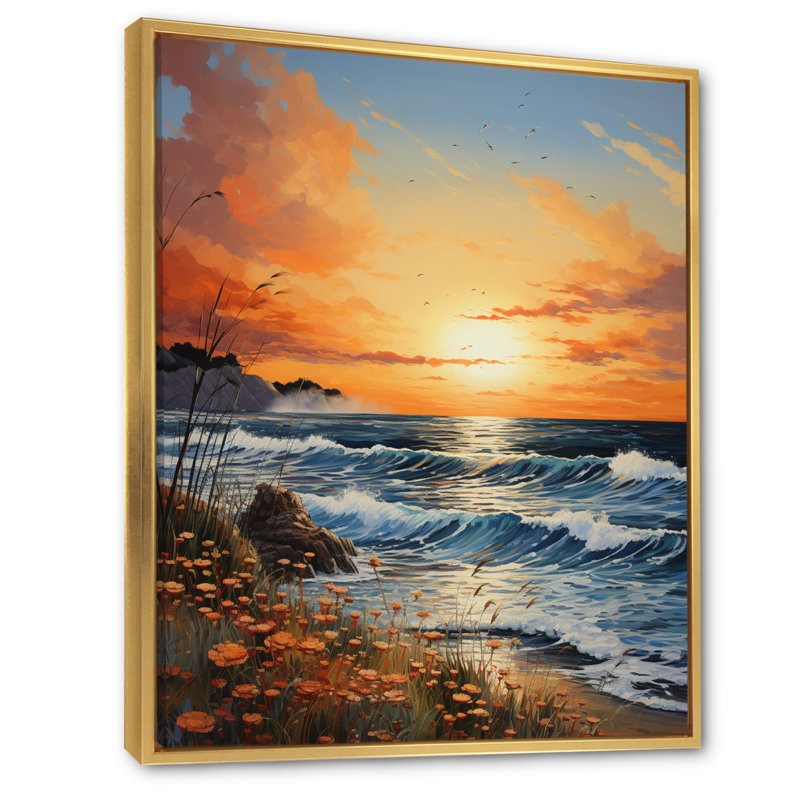 Brise de plage au lever du soleil, H 44 po x l 34 po x P 1,5 po, Cadre flottant doré