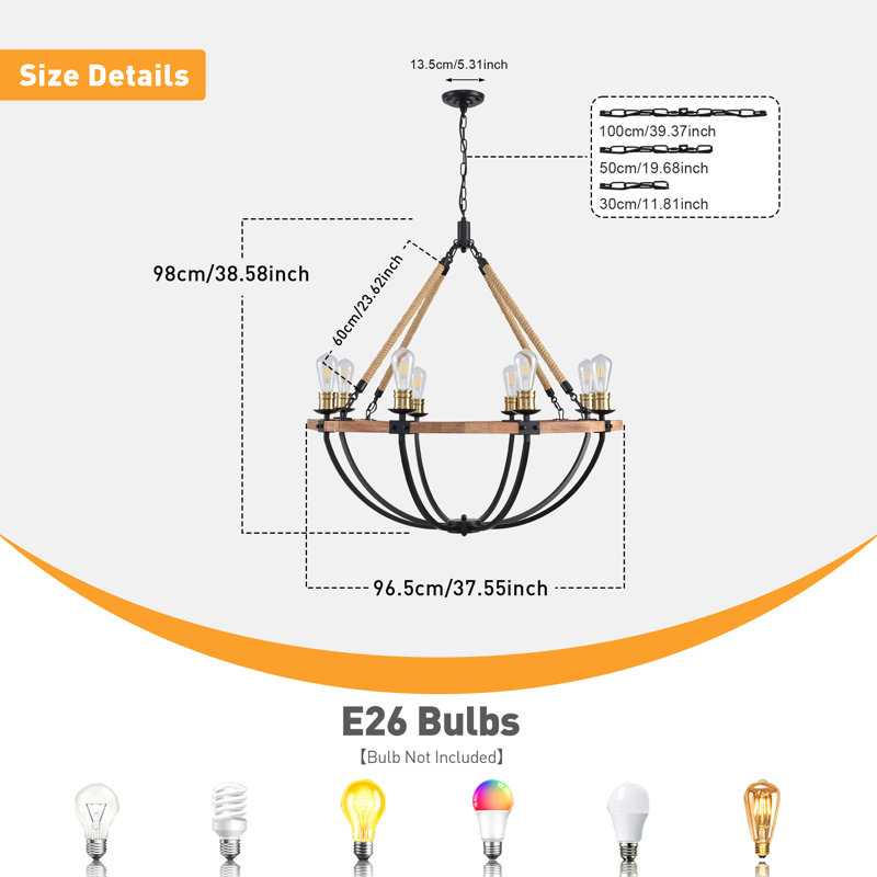 Farmhouse Chandelier For Dining Room Light Fixture, 8-light Wood Chandelier With Adjustable Height Rustic Industrial Pendant For Dining Room, Kitchen Island, Entryway