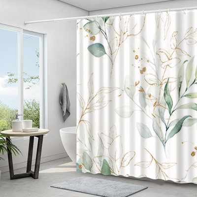 Green A Leaf Home Shower Curtain, Green and Gold Eucalyptus Leaf Botanical Plants Bathroom Balcony Shower Curtain, Polyester Fabric Machine Washable with Hooks, 72" Wx72" L