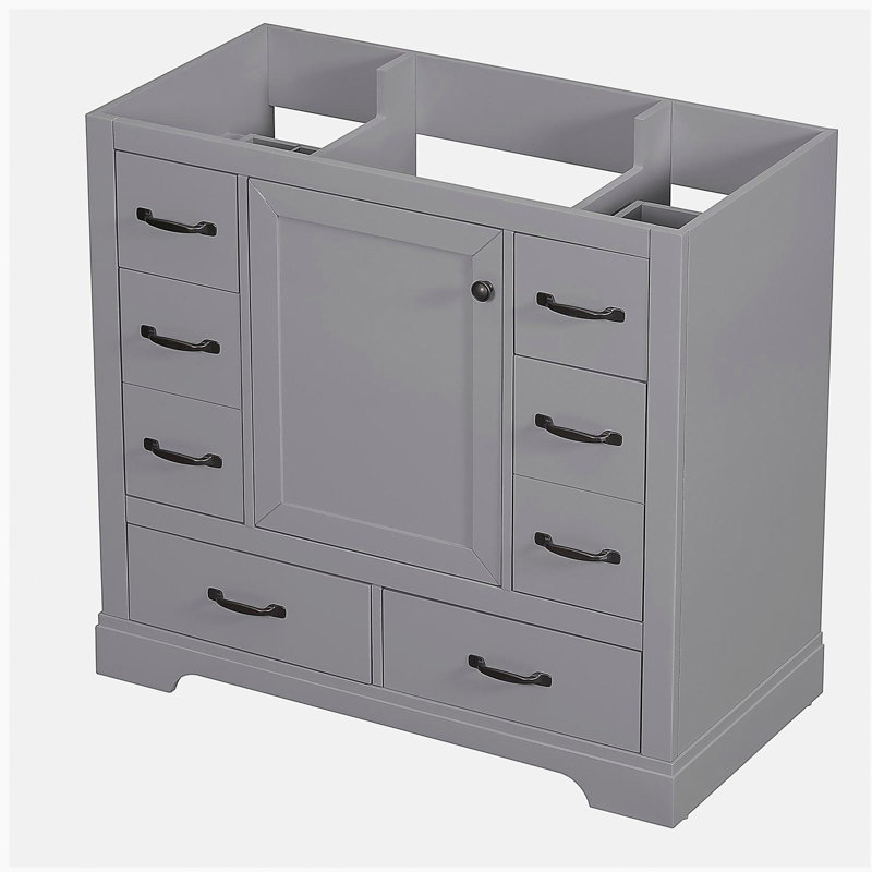 Meuble-lavabo de 36 po sans lavabo, base d'armoire seulement, 6 tiroirs, séparateurs de tiroirs multifonctionnels, tablettes réglables, gris