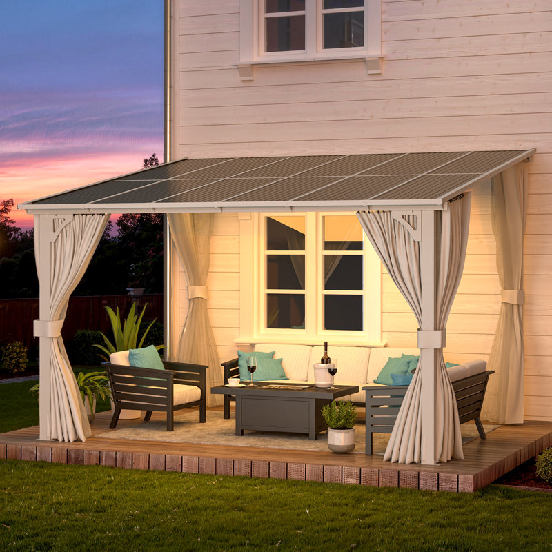 White Hard Top Lean To Gazebo Pergola With Curtains And Mosquito Netting, 96” H x 144” W x 120” D